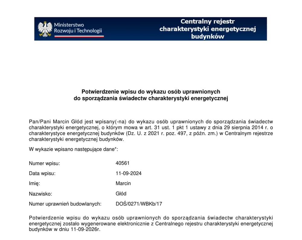 Potwierdzenie wpisu mgr inż. Marcin Głód do wykazu osób uprawnionych do sporządzania świadectw charakterystyki energetycznej — numer wpisu 40561, data wpisu 11.09.2024